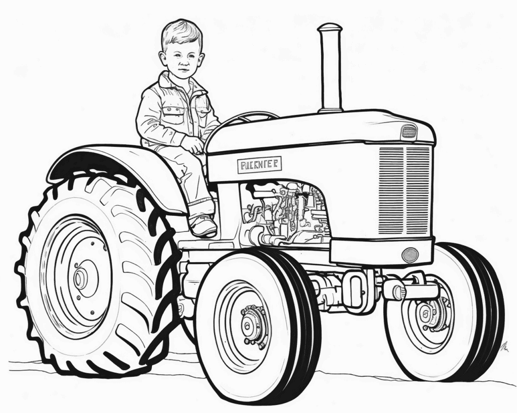 Színező egy kisfiúval egy régi traktor kormányánál, nagy hátsó kerekekkel